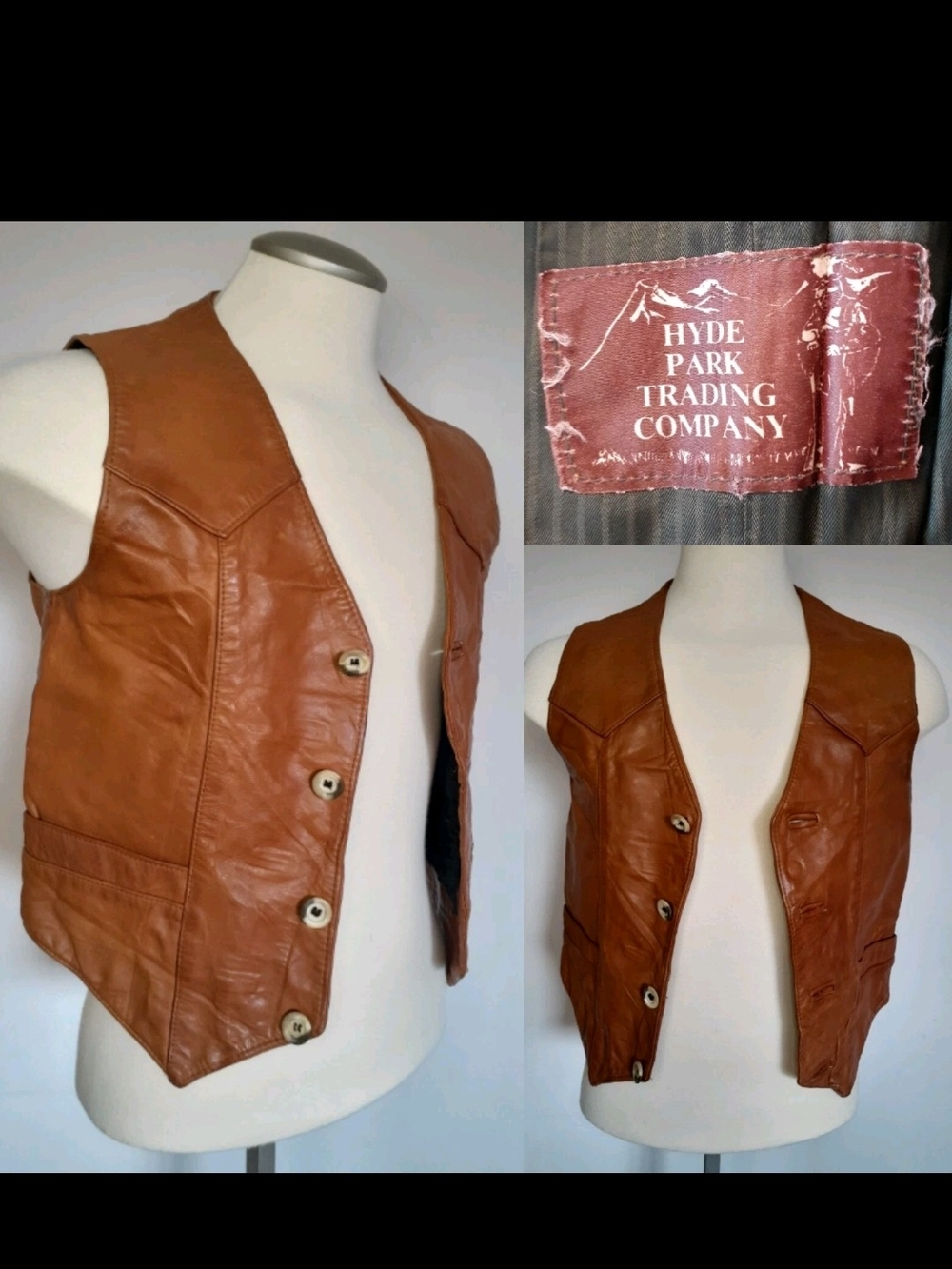 Vintage S Hyde Park Brown Cognac Whiskey Leather Vest Hippie Boho 70s Kerouac